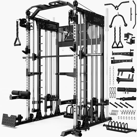 GOIMU SM4 Smith Machine Power Cage, 2500 lbs Multi‑Function Home Gym with Dual Pulley System, Lat Pulldown & Low Row, Anti‑Derailment Pulley, Weight Storage & Full Training Attachments