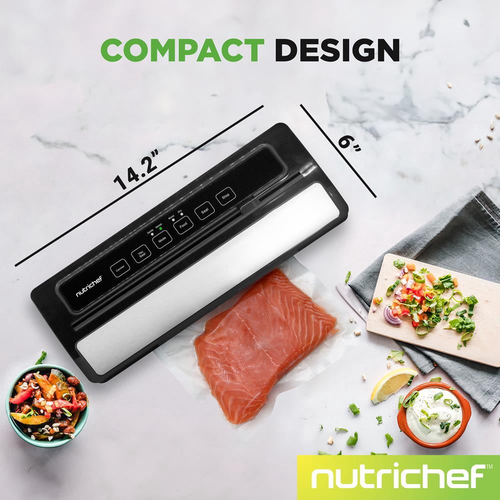 NutriChef Food Vacuum Sealer Machine, Stainless Steel & ABS Body, 110W Automatic Sealing for Dry & Moist Foods, LED Touch Controls, Includes Bags, Hose & Roll Cutter
