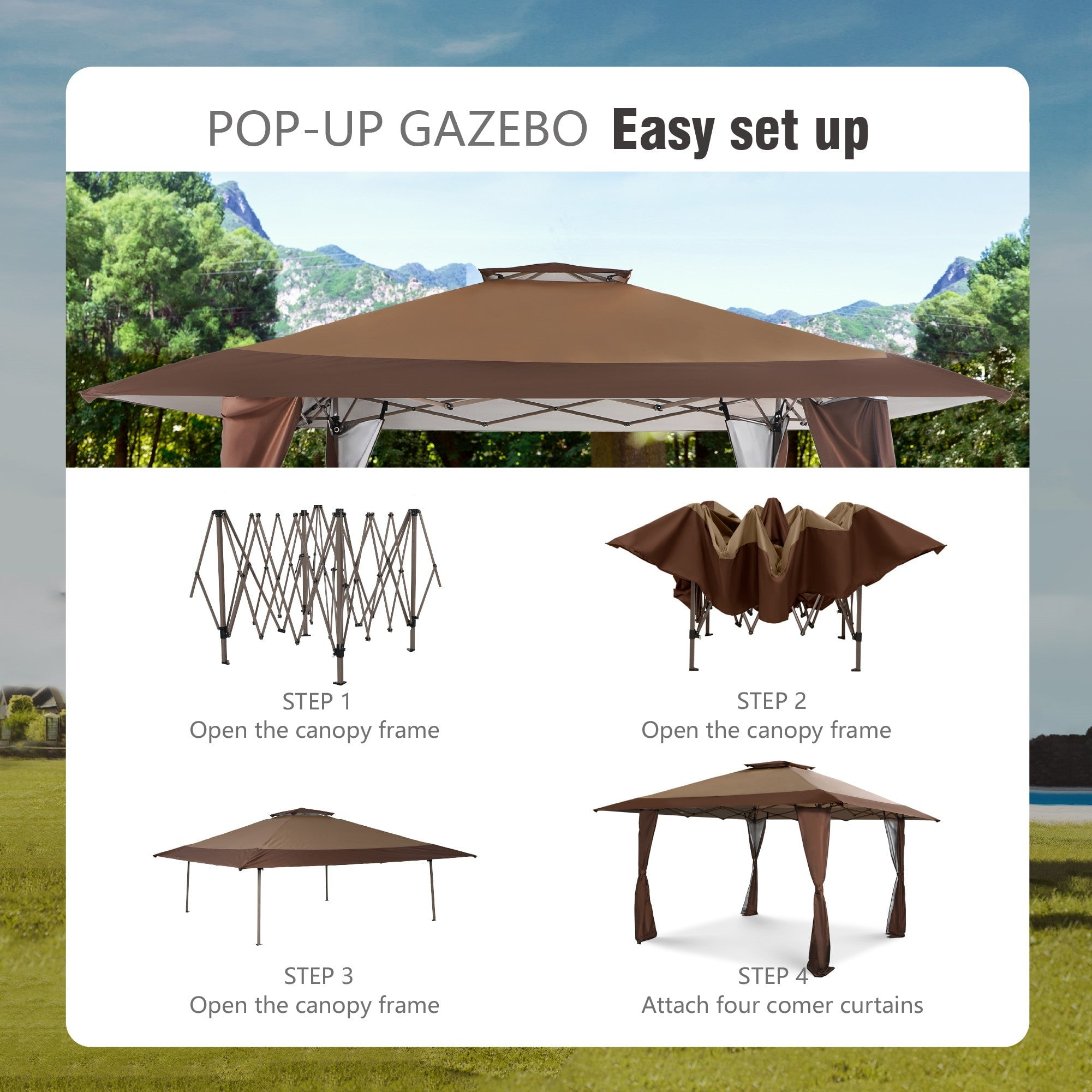 Alpha Joy 13x13 Pop up Canopy Tent Instant Ez up Shade Shelter with 3-Height Adjustable & Carry Bag for Outdoor Events, Camping & Bbqs, Brown