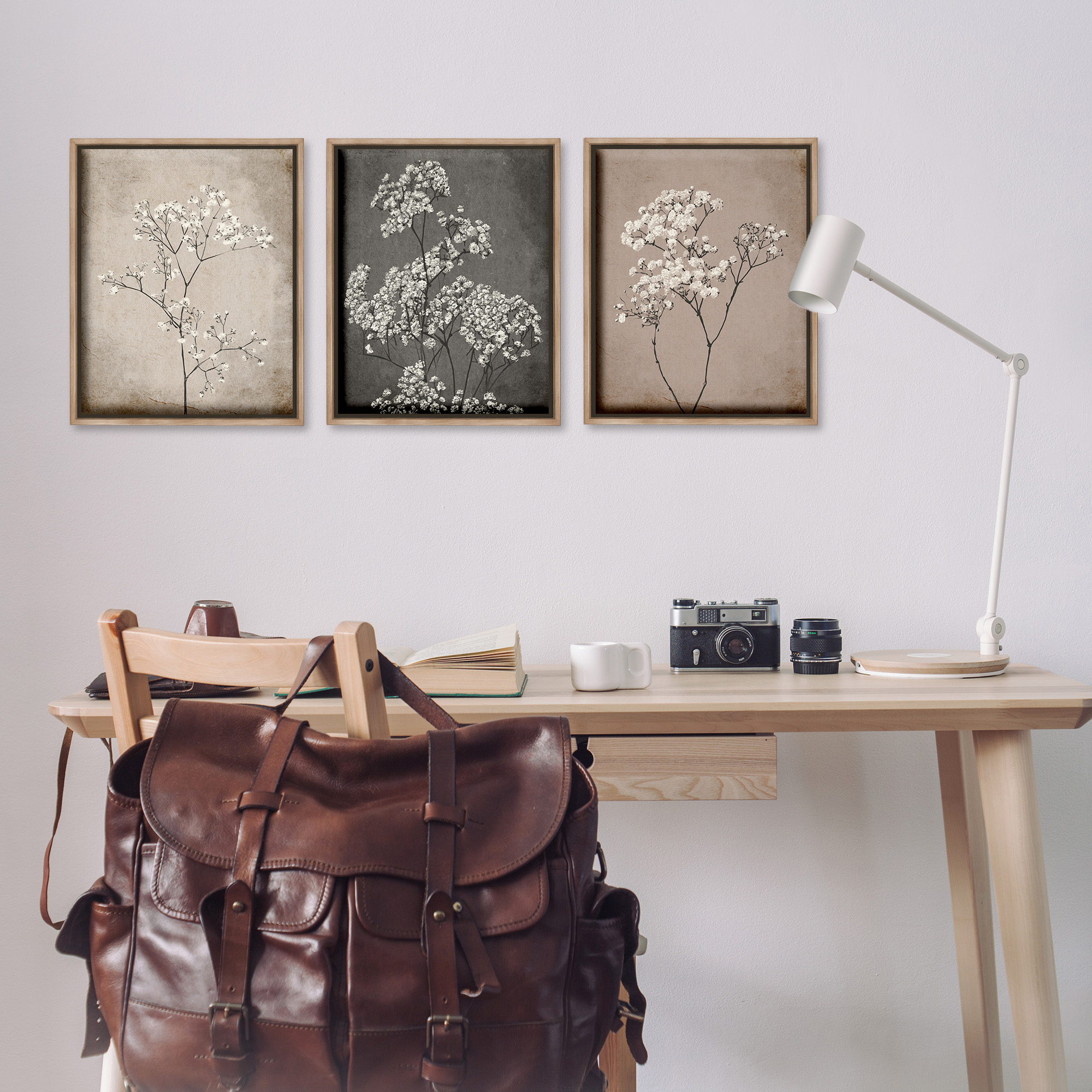 Stupell Industries Botanical Baby's Breath Herbs Botanical & Floral Painting Brown Floater Framed Canvas Art Print Wall Art, 17 x 21, Set of 3