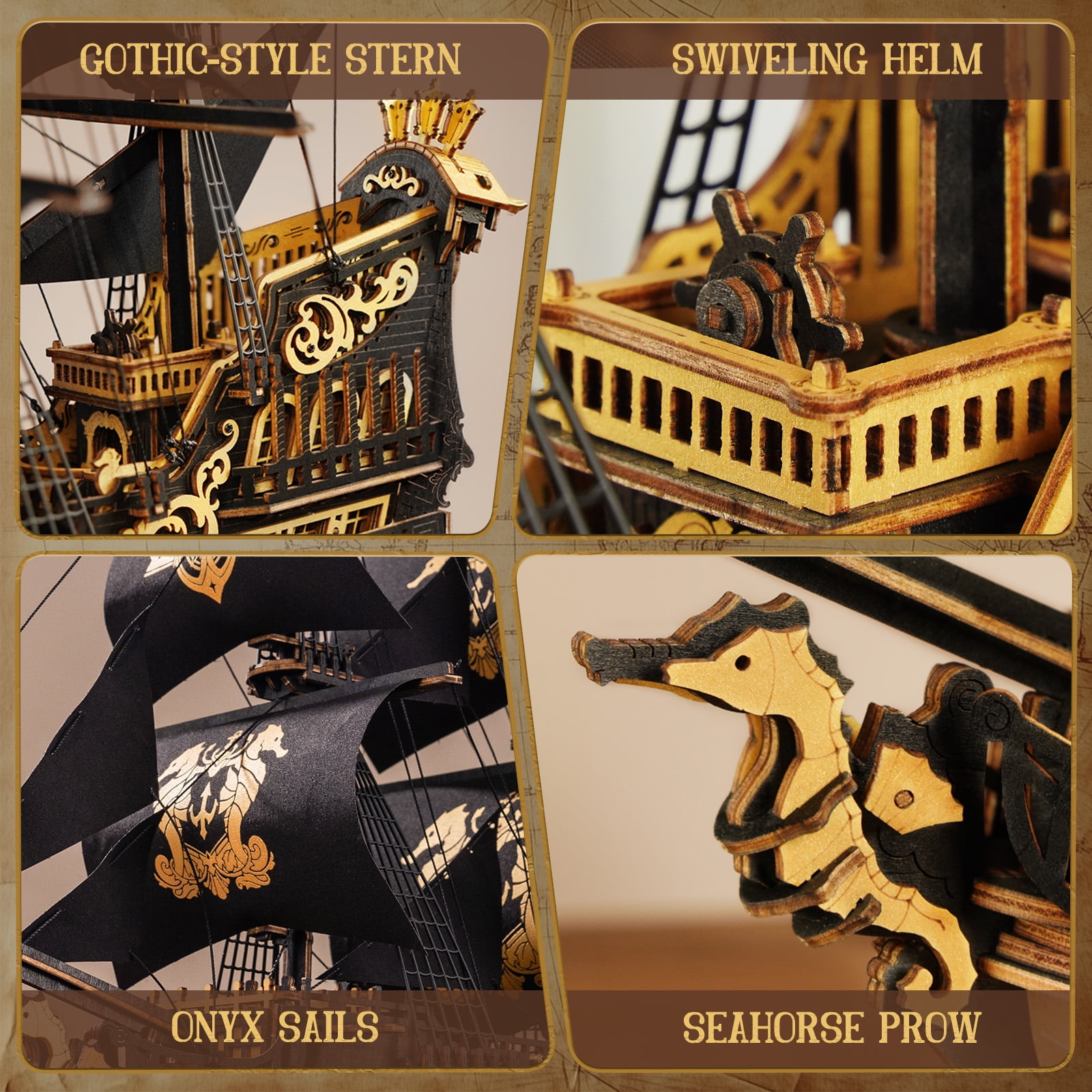 ROBOTIME Wooden 3D Puzzle - The Seahorse Barque, 1:100 Scale DIY Mechanical Building Kits Toys for Home Decor, Xmas Gifts for Adults Teens