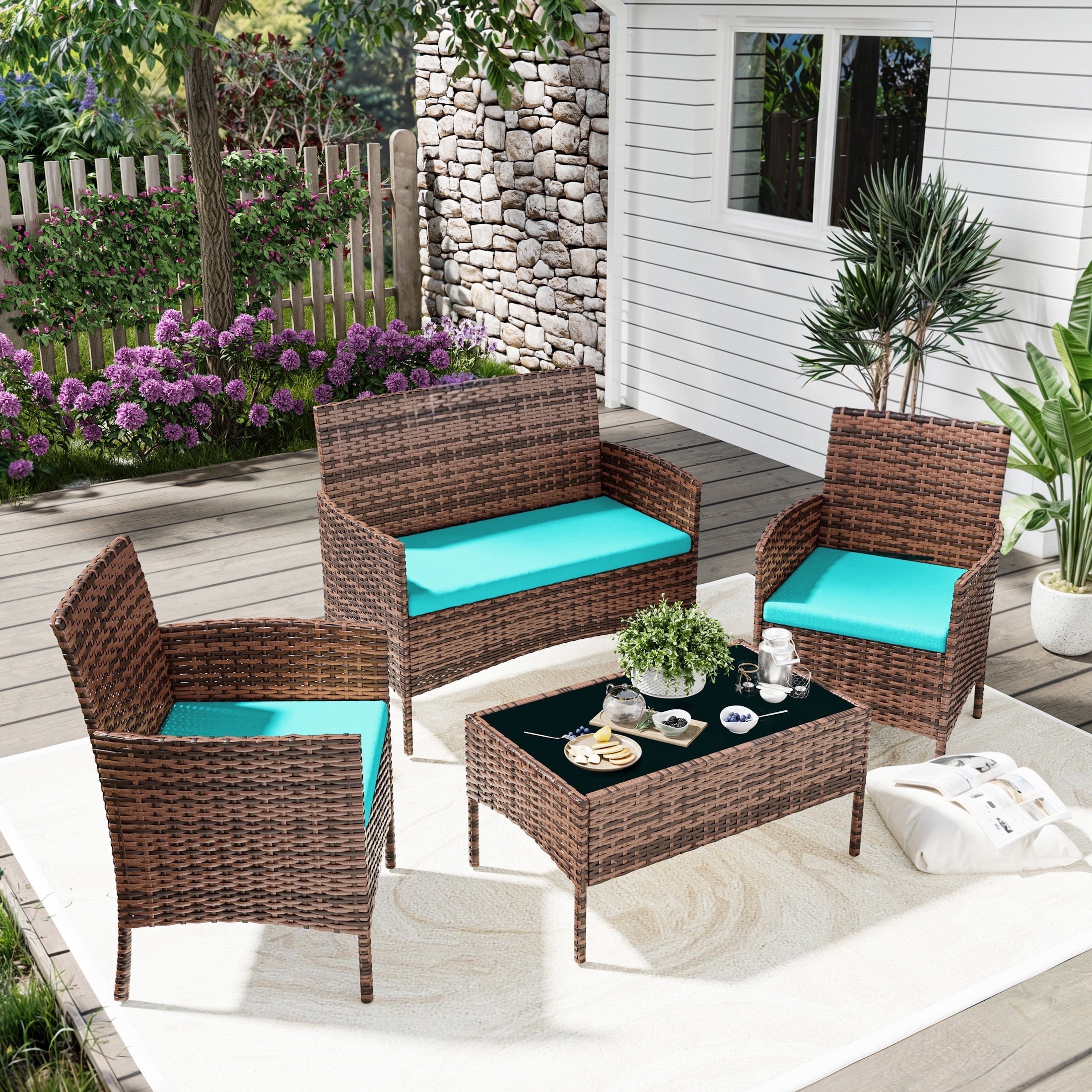 UDPATIO 4 Pieces Outdoor Patio Furniture,Sectional Conversation Sets,Brown PE Rattan Patio Chairs with Table and Loveseat for Balcony, Porch, Backyard,（Turquoise Cushion）