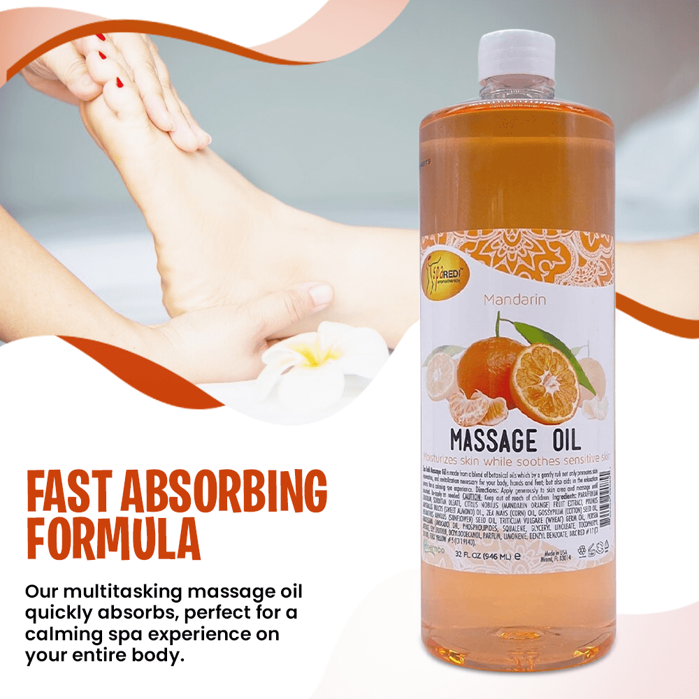 SPA REDI - Massage Oil, Mandarin, 32 Oz - Professional Full Body Massage Therapy, Manicure, Pedicure - Relax Sore Muscles and Repair Dry Skin, Enhanced with High Absorption Oils and Vitamin E