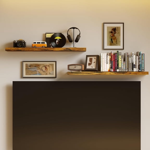 YANGLI Set of 2 Floating Shelves with Invisible Brackets - 40x7 Inch Rustic Brown Large Wood Wall Shelves for Multi-Room Decor