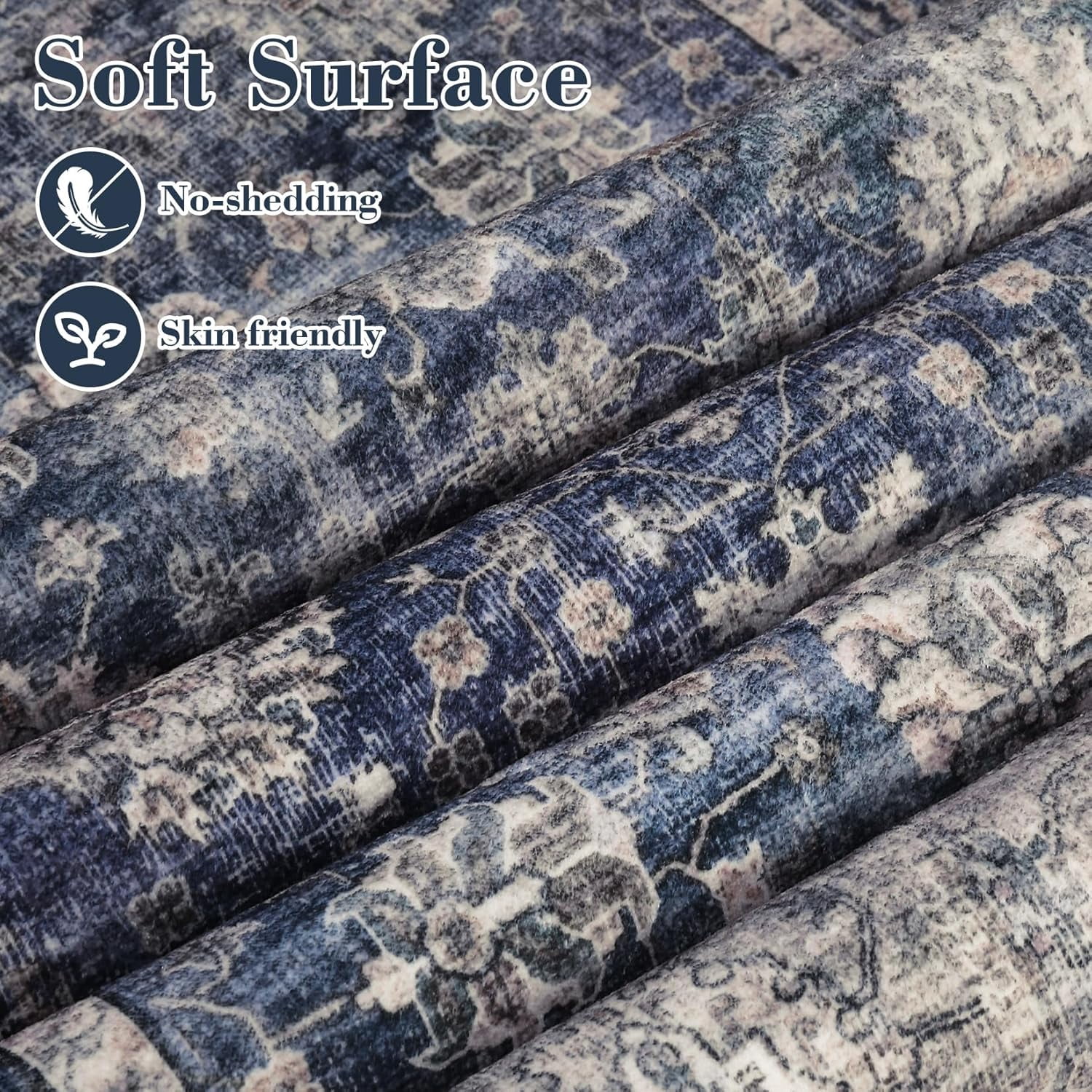 Area Rugs 4x6 Vintage Printed Floor Carpet with Non-Slip Backing, Stain-Resistant Oriental Throw Rugs, Washable Farmhouse Low Pile Rugs for Living Room, Bedroom, Office, Blue
