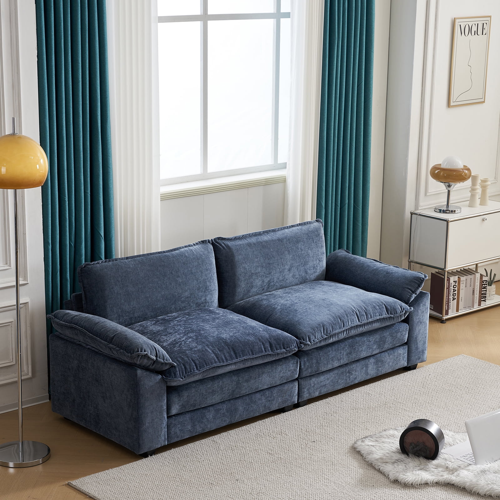 Zimtown Sectional Sofa with Ottoman, L Shaped Convertible Couch with Removable Chaise Chenille Fabric Sofa Set for 3-4 Persons Living Room Furniture Gray-Blue