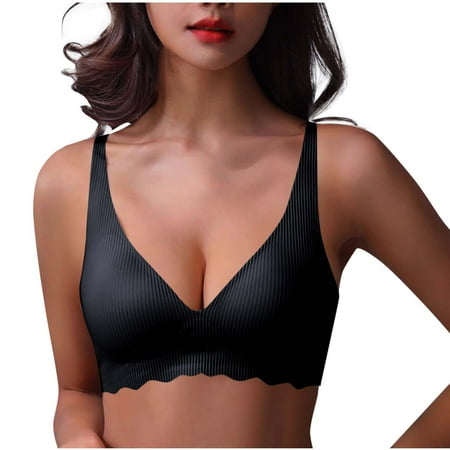 Gnurob Deep V Bras for Women No Underwire Wireless Bralette Push Up Bra Seamless Plunge Bralette Hide Back Fat Brassiere Full Coverage Underwear Clearance Saving Black Large
