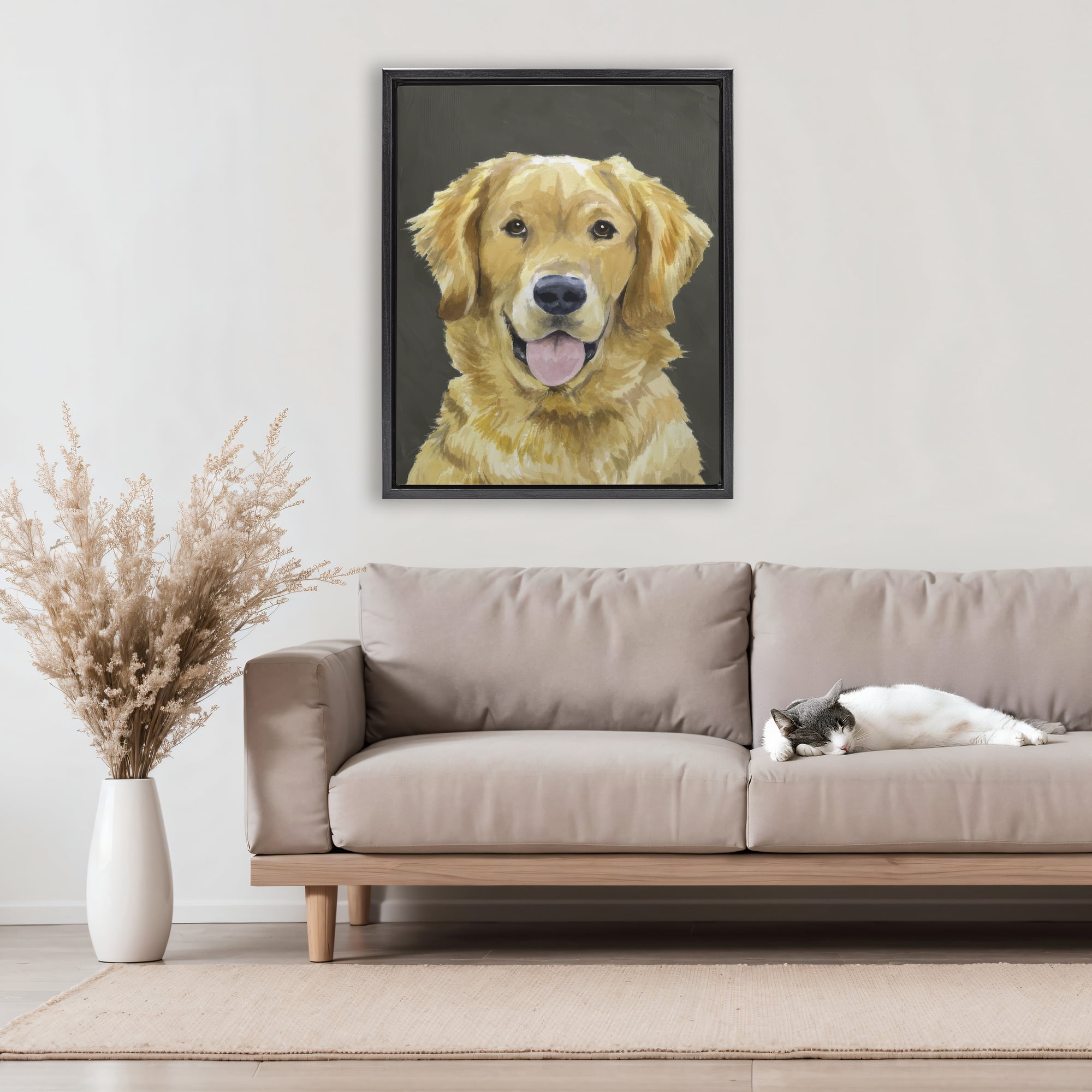 Stupell Industries Joyful Golden Retriever Portrait Black Framed Floater Canvas Wall Art, design by Lil' Rue