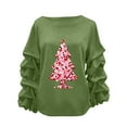 thumbnail image 2 of Yteetum Women's Christmas Crewneck Sweatshirts Oversized Christmas Tree Print Pleated Ruffle Trim Pullover Hoodless Sweatshirts Womens Casual Xmas Graphic Round Neck Loose Lantern Sleeve Sweatshirts, 2 of 5