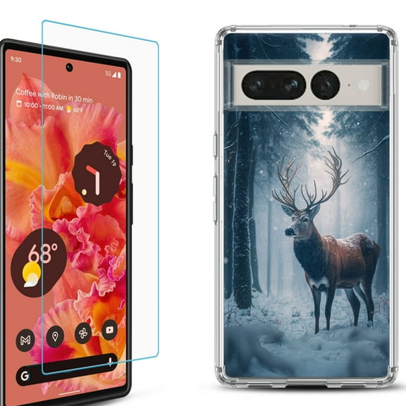 Shockproof Bumper Phone Case for Google Pixel 7, with Tempered Glass Screen Protector, by OneToughShield ® - Deer Winter