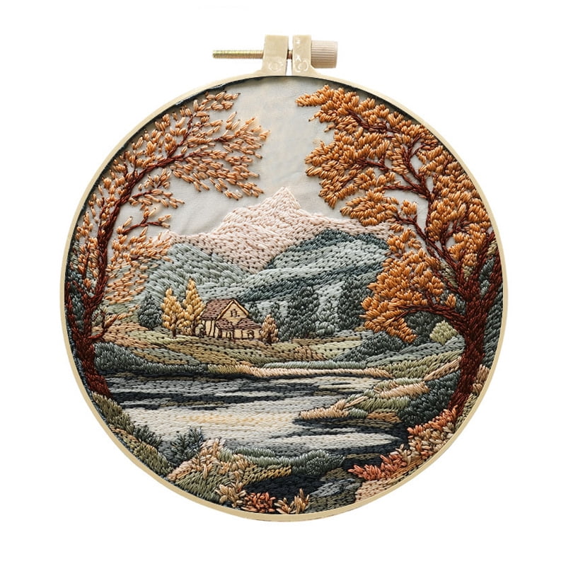 NEONWE 4 Set Embroidery Kit for Adult Beginner, with Landscape Tree Mountain Floral Nature Scenery Patterns Kits Boho Rustic Arts & Crafts Set, with Hoop, Colored Threads, Needles, and Instructions