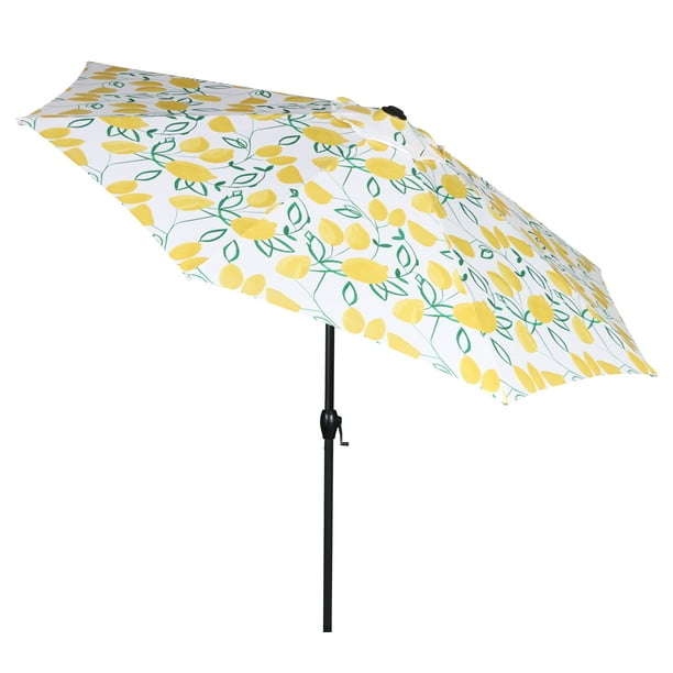 Mainstays 9ft Lemon Print Round Outdoor Tilting Market Patio Umbrella with Crank