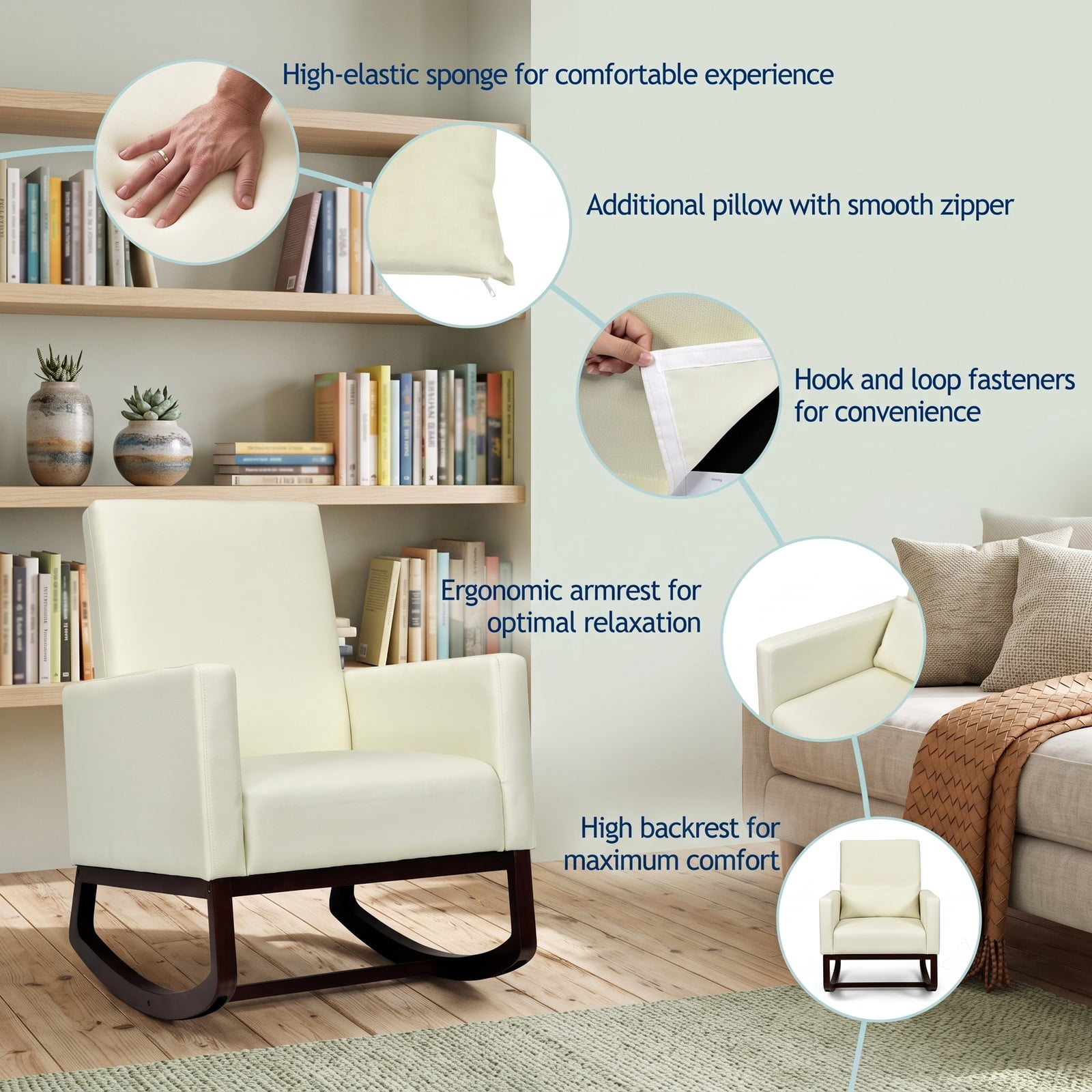 Furnibear 2-in-1 Upholstered Rocking Chair, Linen Fabric Nursery Glider Accent Armchair with Removable Pillow, Convertible Rocker to Stationary Chair, Solid, Beige