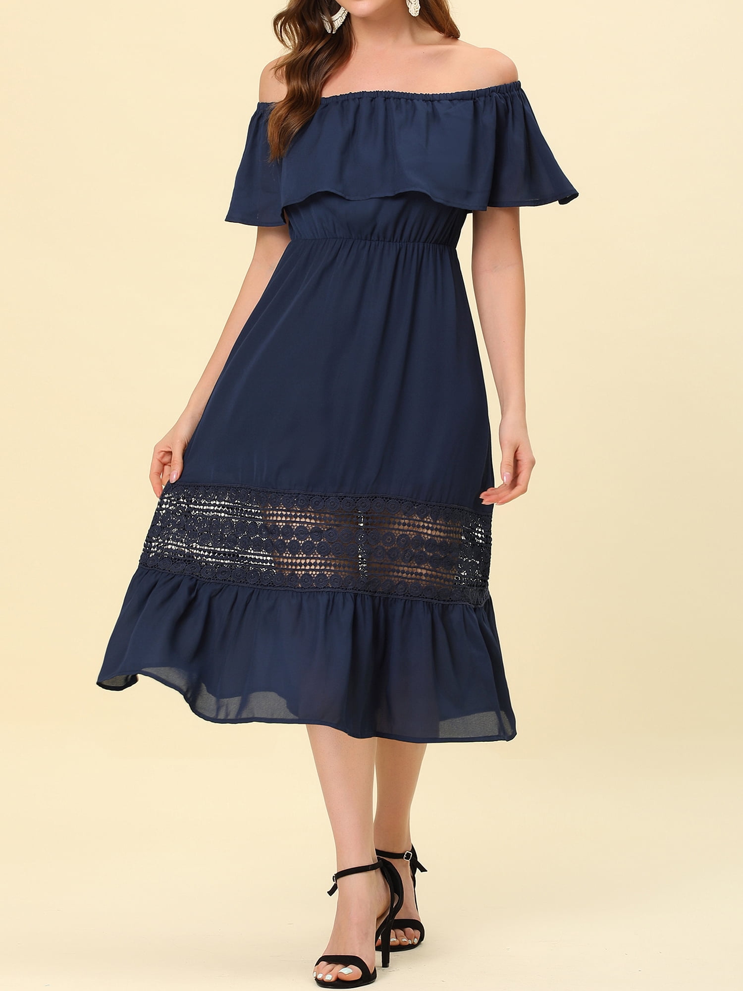 DARING DIVA Women's Off Shoulder Flutter Sleeve Maxi Dress XS Navy Blue