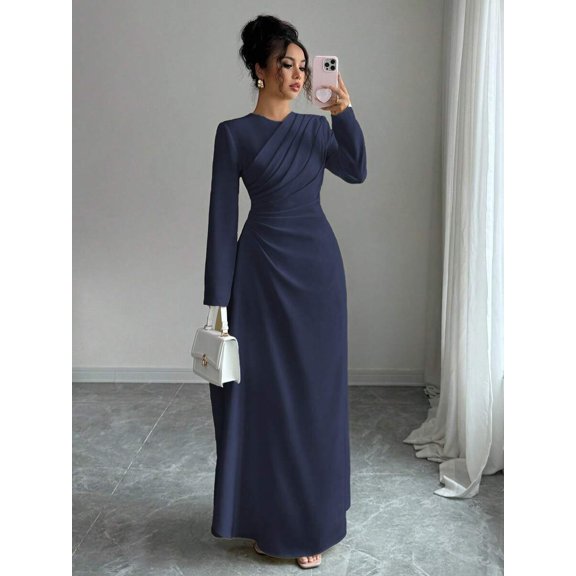 Womens Elegant Long Sleeve Maxi Dress - Round Neck Waist Pleated