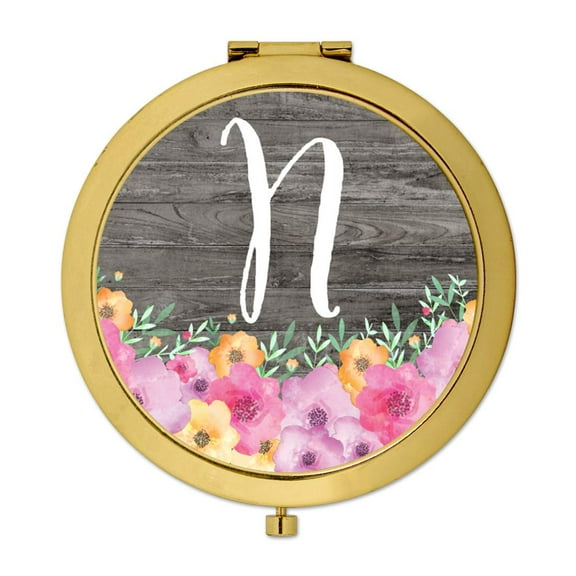 Koyal Wholesale Gold Compact Mirror Bridesmaid's Wedding Gift, Pink Floral Flowers on Rustic Gray Wood, Monogram N, 1-Pk