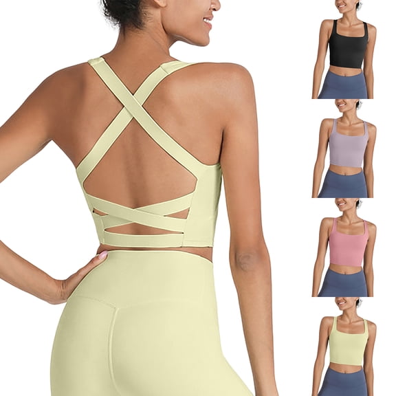 GEWSEY Strappy Yoga Sports Bras for Women Padded Criss-Cross Back Tank Tops (Yellow, S)