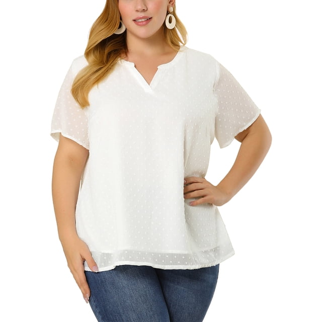 Women's Plus Size Blouses Pin Dots Round Neck Cute Basic Top White 2X