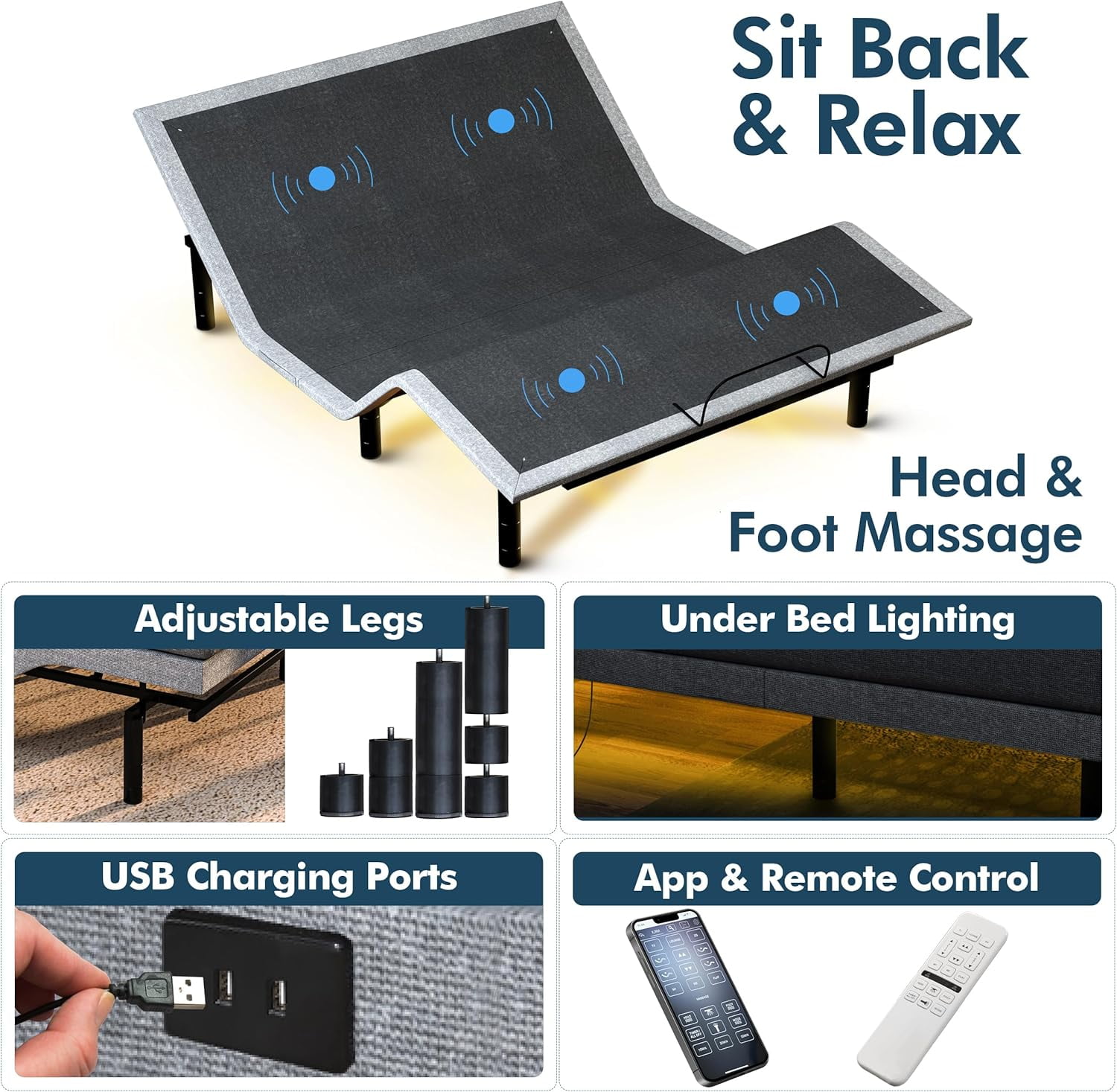 Renanim Serenityflex Adjustable Bed Frame with Electric Dual Massage - USB, Under Bed Light, Zero Gravity, App Control, Head and Foot Incline, Reclining Base Full