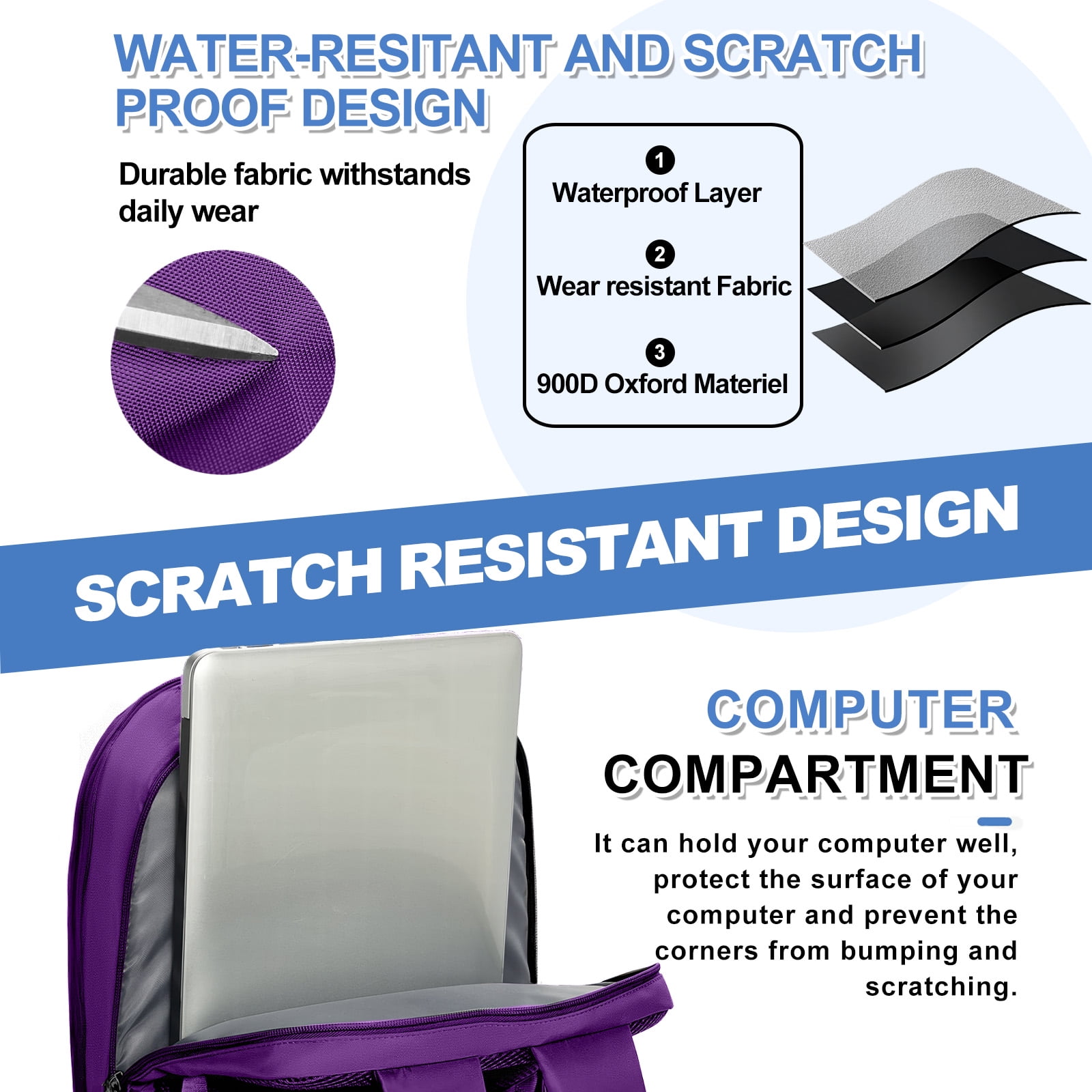 DAKIMOE Travel Backpack for Women Men Laptop Backpack with Computer Compartment Waterproof Large Capacity Wear Resistant Scratch-proof for Travel College Bussiness School, Purple