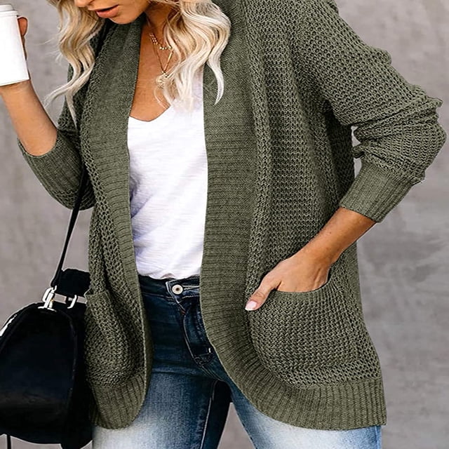 Womens Long Sleeve Open Front Waffle Chunky Knit Cardigan Sweater Outwear