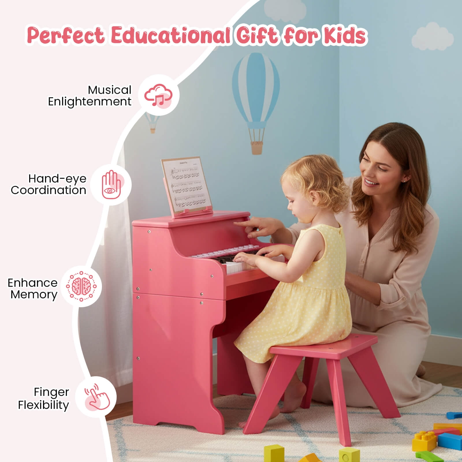 Infans 25 Keys Digital Piano w/Music Stand Stool Lighted Keys Teaching Mode for 3+ Kids