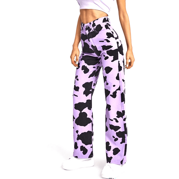 Women's Cow Printed Denim Pants High Waist Straight Leg Vintage Trousers Y2K Tie Dyed Loose Pant
