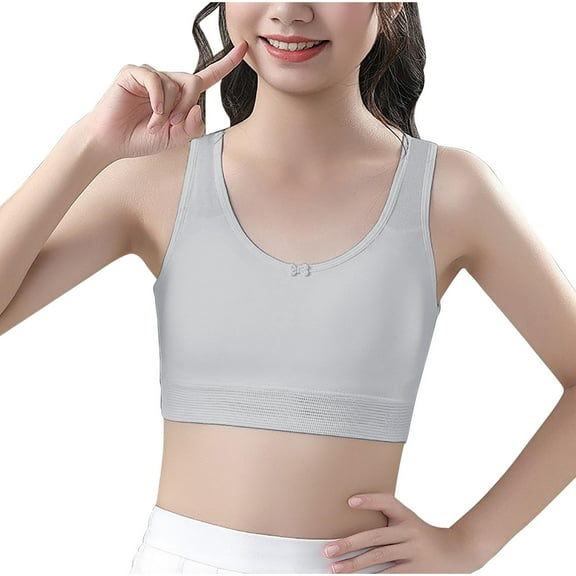 Xfvqtps Girls Bras with Padded Fixed Cup Seamless Cotton Soft Comfortable Mesh Breathable Solid Color Bow Training Bra for Teen Big Kids Girls Bras for 12-15 Years Gray