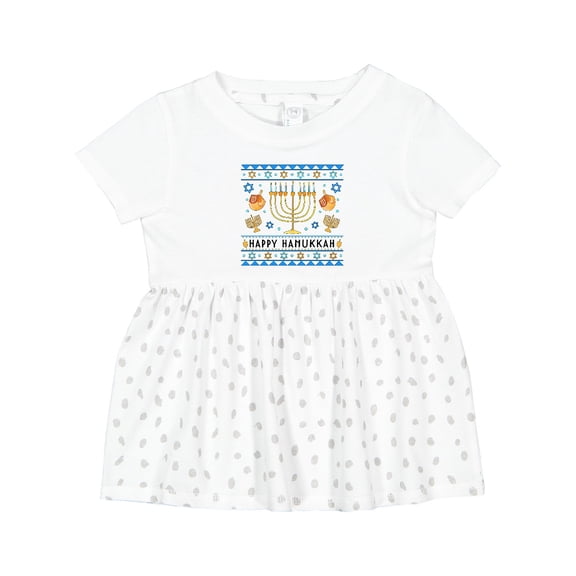 Inktastic Happy Hanukkah Sweater Style Design with Menorah and Dreidel Girls Baby Dress