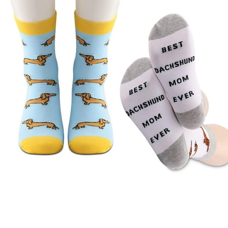 

MBMSO Dachshund Socks Best 2 Pairs Dachshund Mom Ever Crew Socks Dog Owner Gifts Dachshund Lover Gifts for Women (1 Pair White +1 Pair blue)