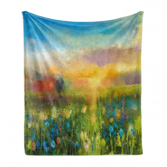 Art Soft Flannel Fleece Throw Blanket, Dandelion Cornflower Daisy Blooms in the Meadow Field Before Sunset Spring Landscape, Cozy Plush for Indoor and Outdoor Use, 70" x 90", Multicolor, by Ambesonne