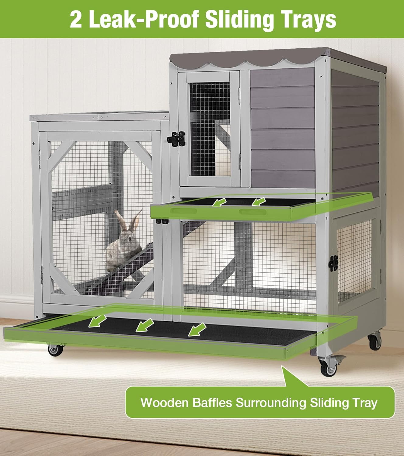 MEDEHOO Duplex Rabbit Hutch Indoor with Chew-Proof Frame & 2 Leak-Proof Sliding Trays, Rain Cover, Wooden Guinea Pig Cages with Wheels - Grey