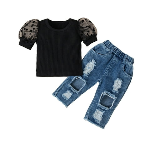 

Dooleck Toddler Baby Girl Clothes Ribbed Shirt Tops Ripped Jeans Denim Pants Outfit