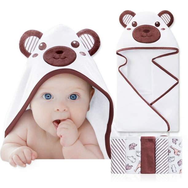 ESHOO Baby Boys Girls Hooded Bath Towels & Washcloth Set, Toddler