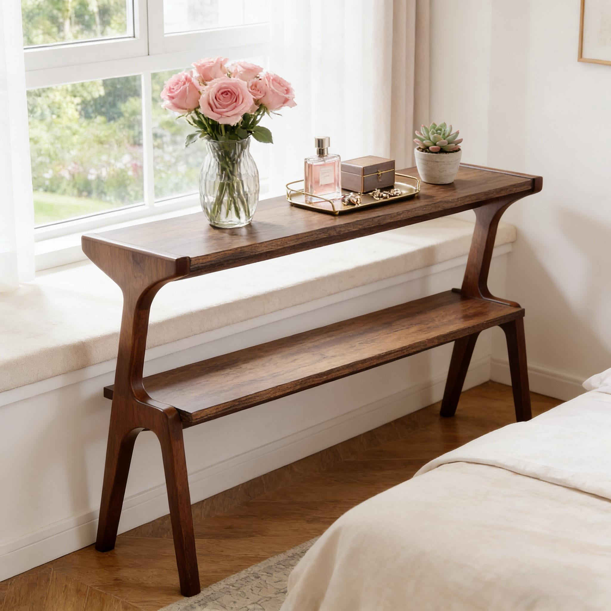 Solid Wood Side Table, 2-Tier, Rustic Brown, Waterproof Lacquer, Multifunctional Use