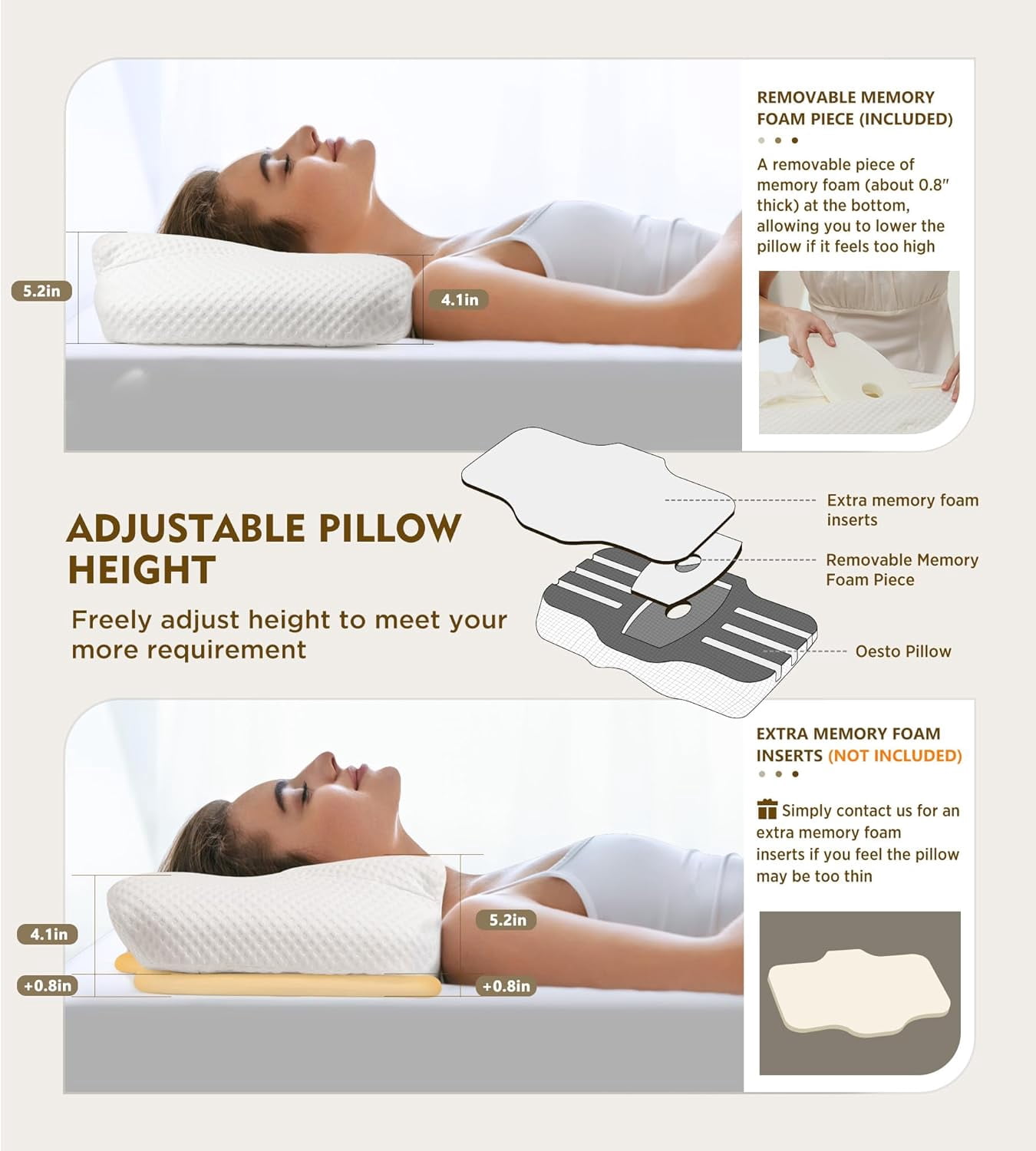 SHIORLAM Adjustable Memory Foam Cervical Pillow for Neck Pain Relief, 4lb Orthopedic Pillow with Removable Cover, Odorless Pillow for Side & Back Sleepers (5.2Height)-Black
