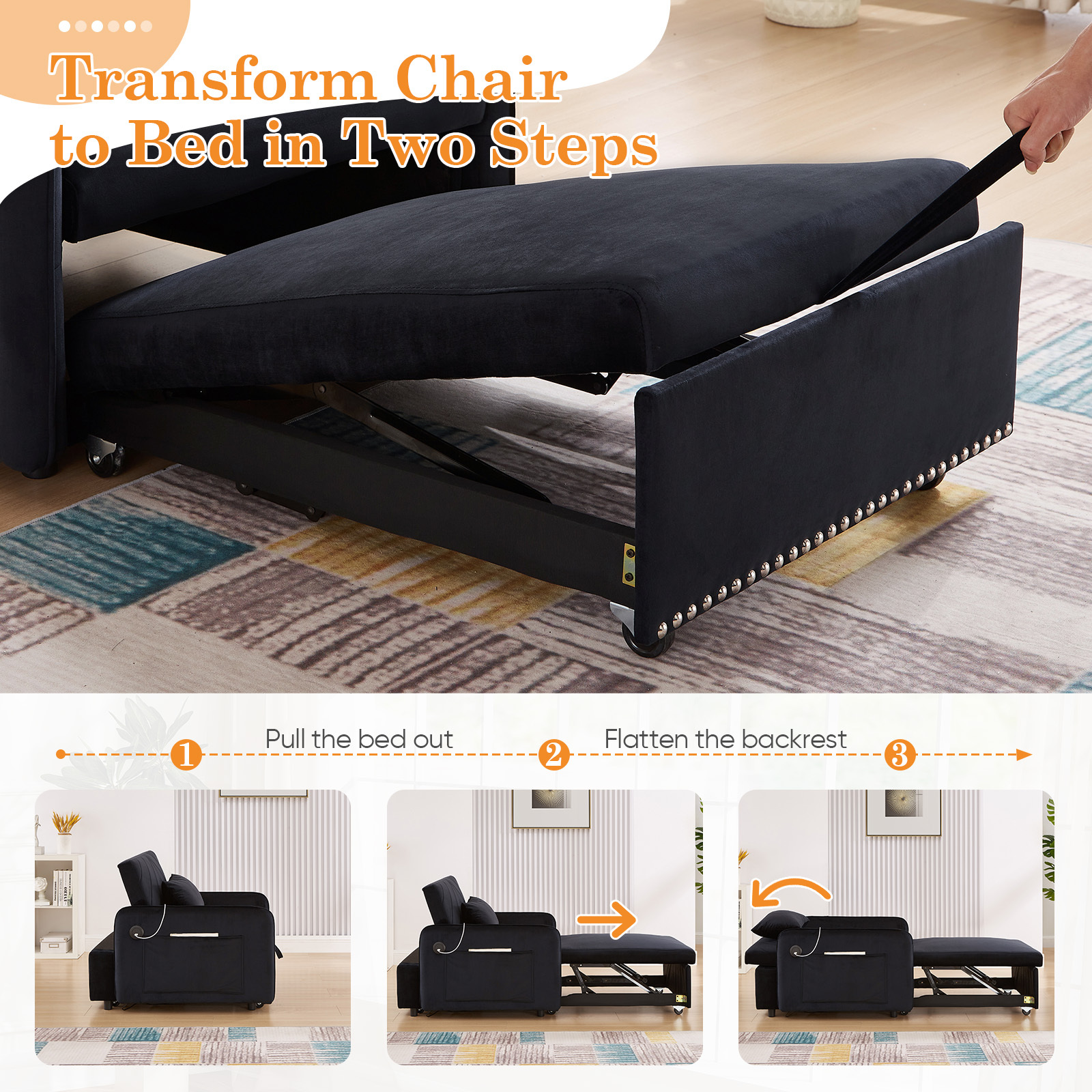 Lunale Convertible Sleeper Chair Bed, Indoor Lounge Chair with USB, Velvet Single Sofa Bed, Black