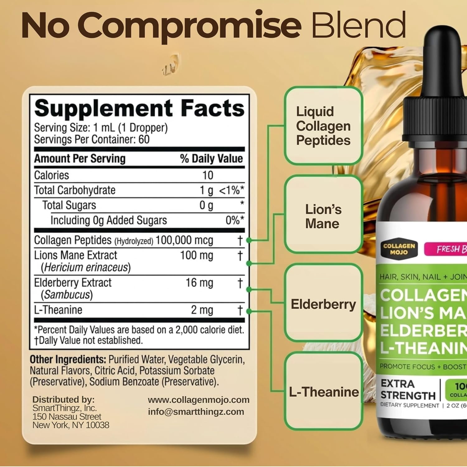 Liquid Collagen Peptides w/ Lions Mane Mushroom, Elderberry & L-Theanine – High Potency/Absorption Formula. Hair, Skin, Nail + Joint Support. Fight Brain Fog & Boost Immunity – Collagen Mojo - 2 oz.