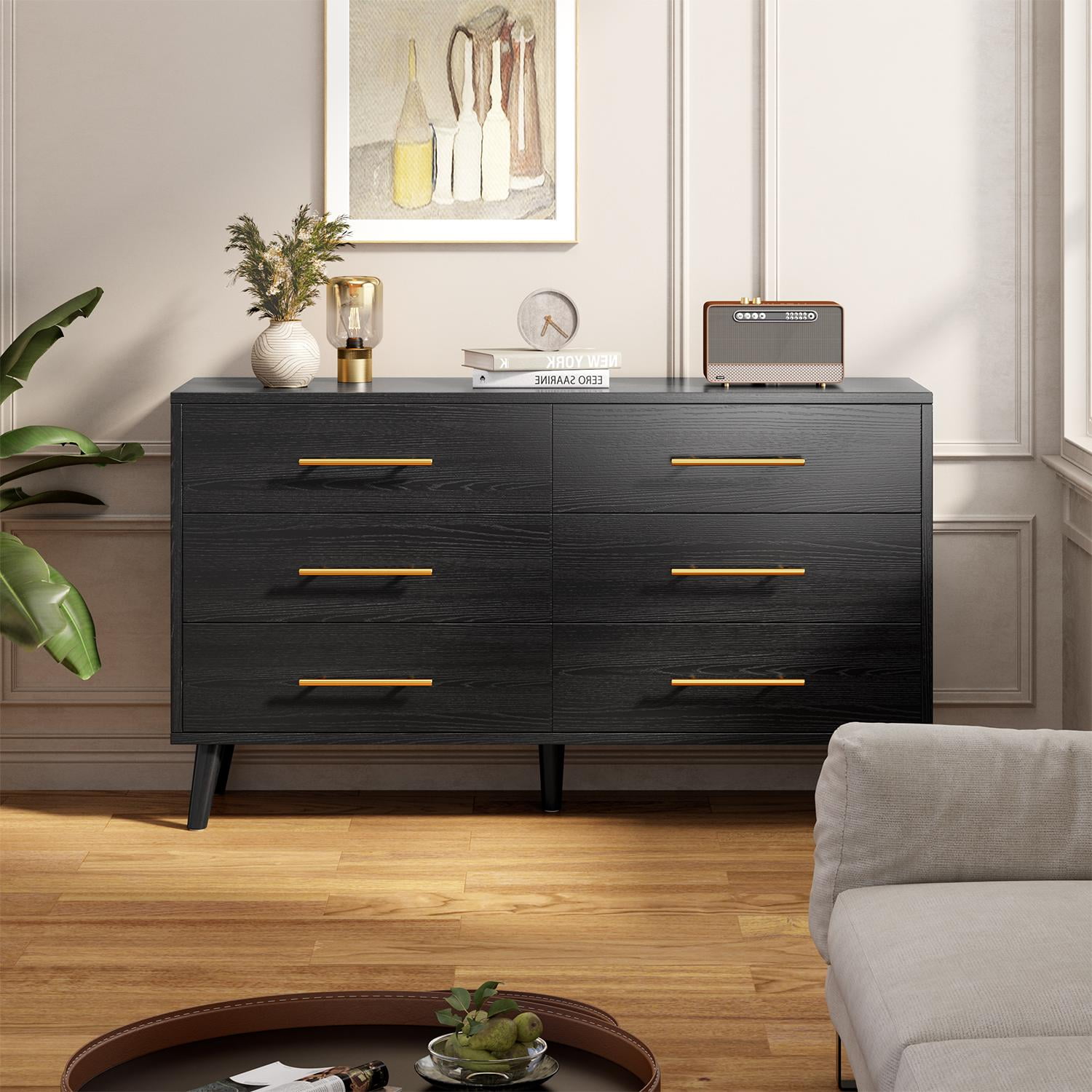 Elegant Modern Lofka 6-Drawer Double Dresser with Gold Handles, Black  Storage Cabinet for Bedroom & Living Room - Walmart.com