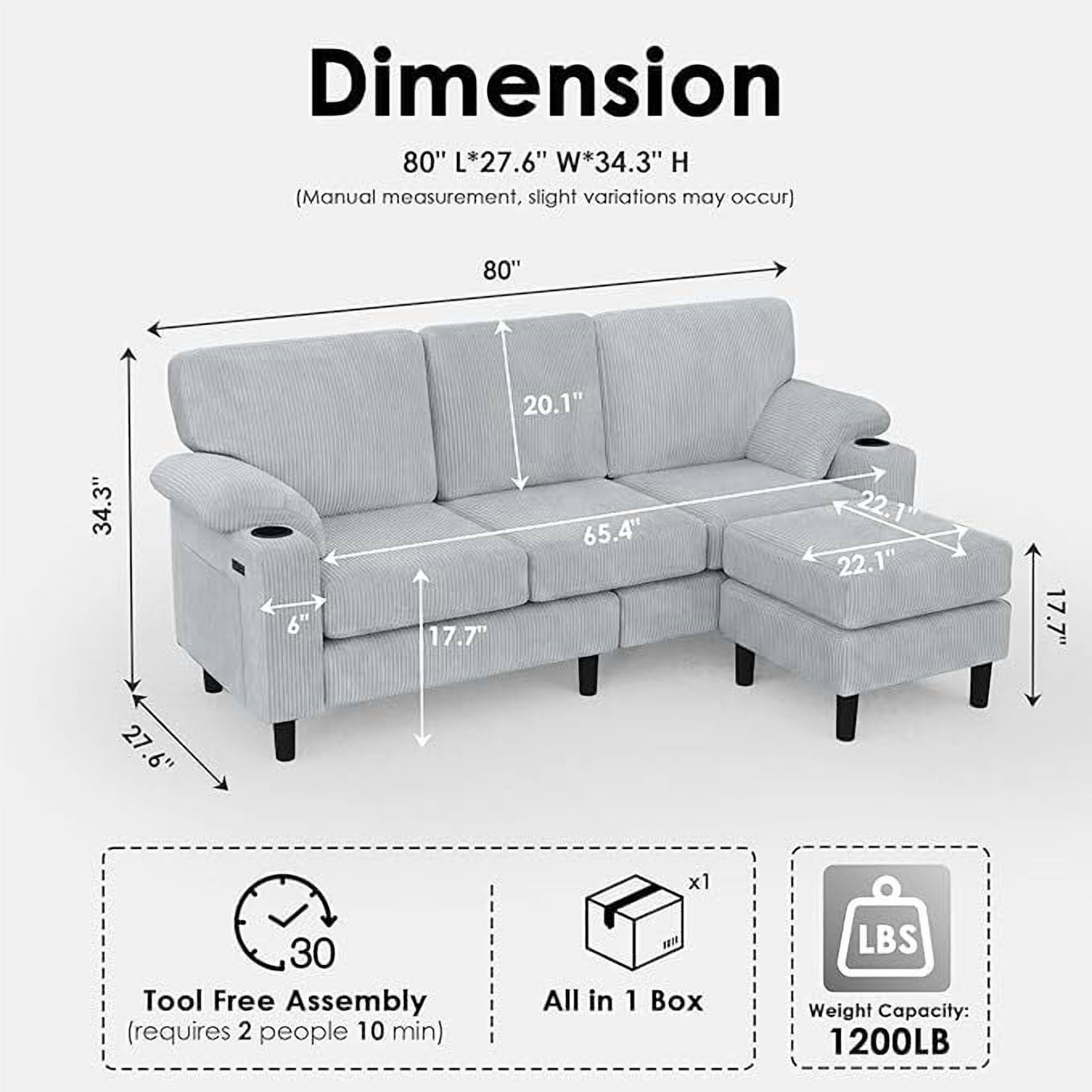 Howcool 80" Convertible Sectional Sofa Couch, L-Shaped Loveseat with Storage Ottoman, USB Ports, Cup Holders & Deep Seats, Modern Corduroy Fabric Couch for Apartment Living Room, Light Grey