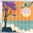 thumbnail image 1 of Stylized 2025 Japanese Aesthetic Shower Curtain with Purple Tree Orange Sunset & Teal Ocean, 1 of 4