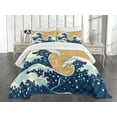 thumbnail image 3 of Ambesonne Japanese Wave Quilted Bedspread Set 3 Pcs, Foamy Sea Storm, Queen Size, Earth Yellow Dark Blue, 3 of 5
