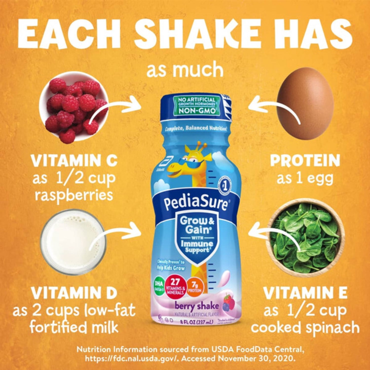 PediaSure Grow & Gain with Immune Support, 7g Protein, Berry, 8-fl-oz Bottle, Pack of 6