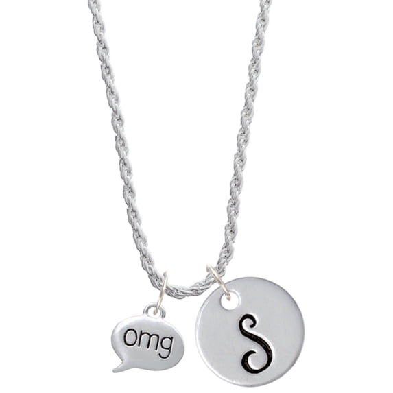 Delight Jewelry Silvertone Text Chat - omg - Oh My God - Silvertone Script Initial Disc - S - Charm Necklace, 20"+3"
