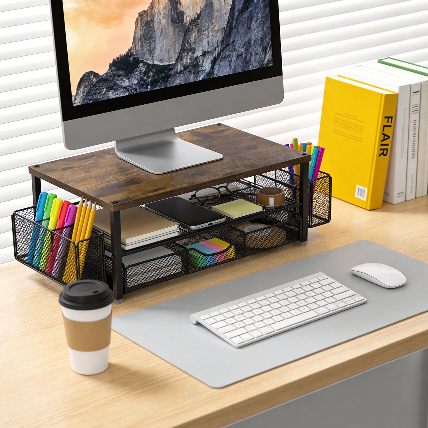 Behome Monitor Stand, 2-Tier Computer Monitor Stand for Desk with Drawer and 2 Pen Holders, Desktop Oraganizer Computer, Laptop, Screen, Printer, TV