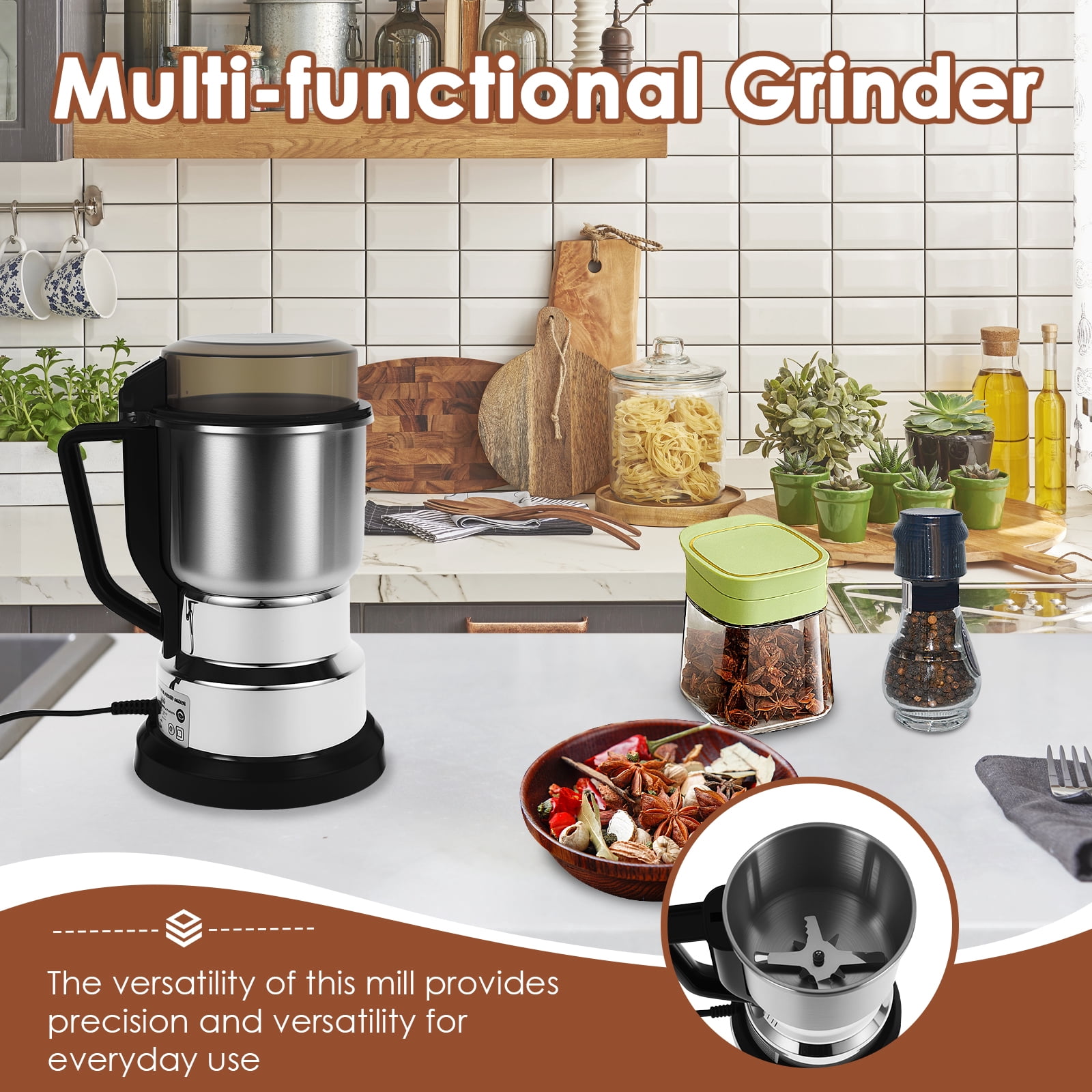 Keyohome Portable Electric Coffee Grinder Adjustable Coffee Bean Grinder with Stainless Steel Blade Spoon and Clean Brush for Home Kitchen Counter