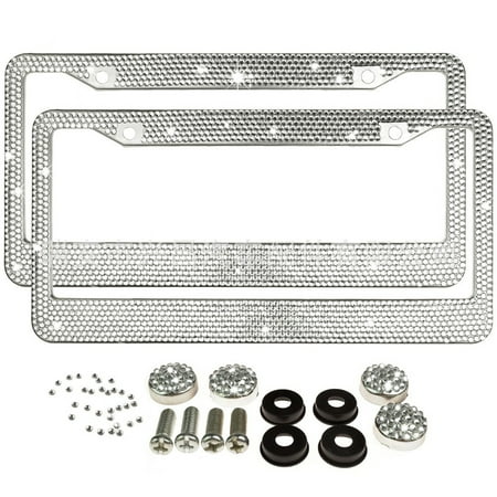 2pcs/set Luxury Handcrafted Bling Shimmer 8 Row Rhinestone Trim Stainless Steel License Plate Frame
