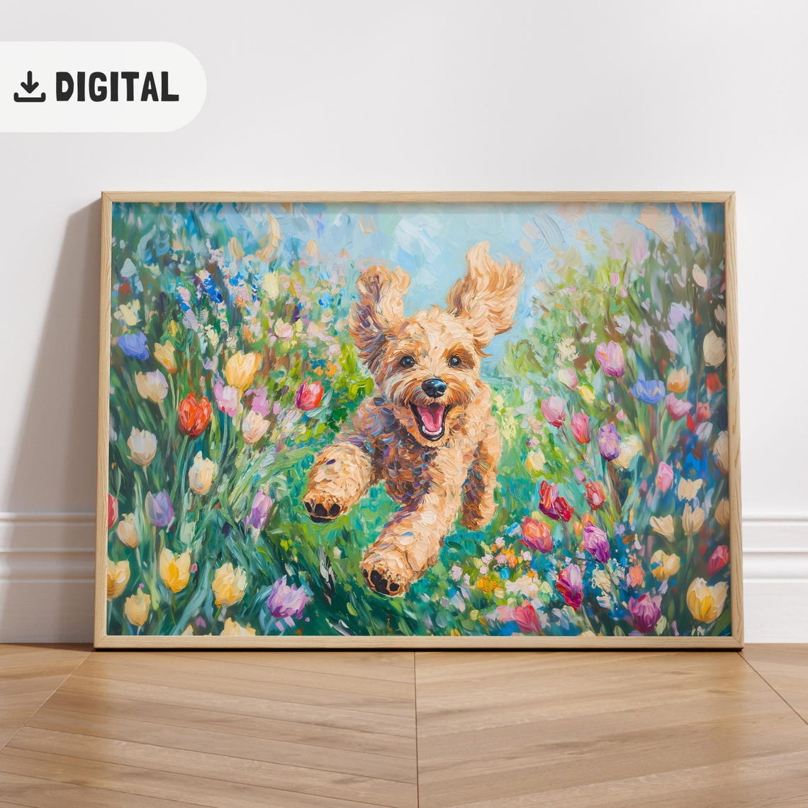 Colorful Maltipoo , Floral Doodle Dog Wall Art, Flowers Landscape Toy Poodle Dogful Aesthetic Cottage House Decor Unframed Paper Print