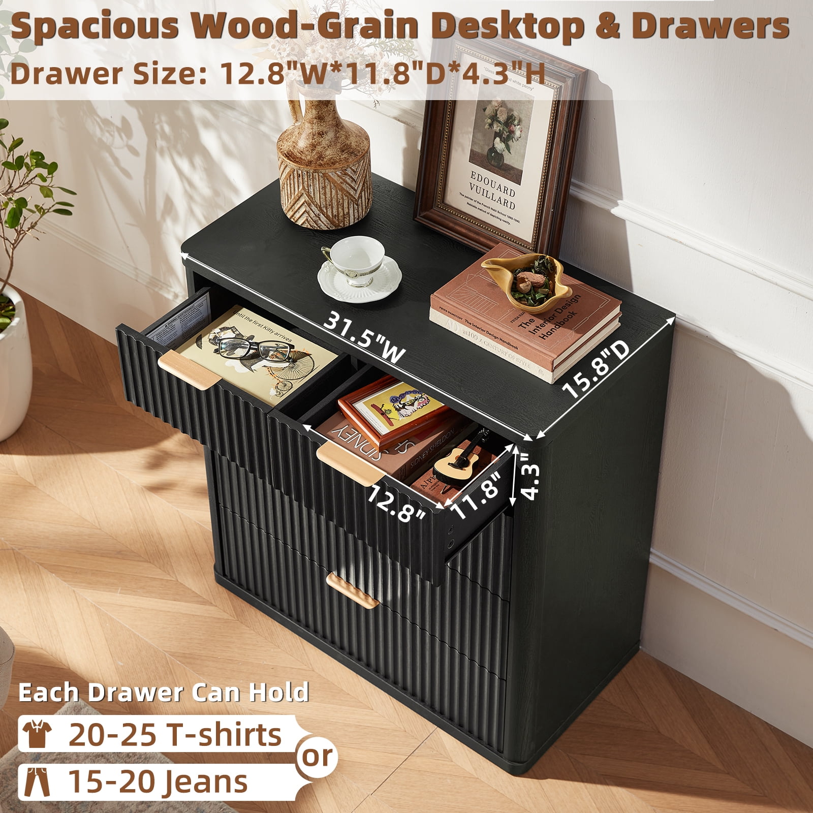 2 Pcs Wood Dresser, 5 Fluted Drawer Dresser for Bedroom, Modern Chest of Drawers with Deep Drawers for Living Room, Hallway, Entryway, Black
