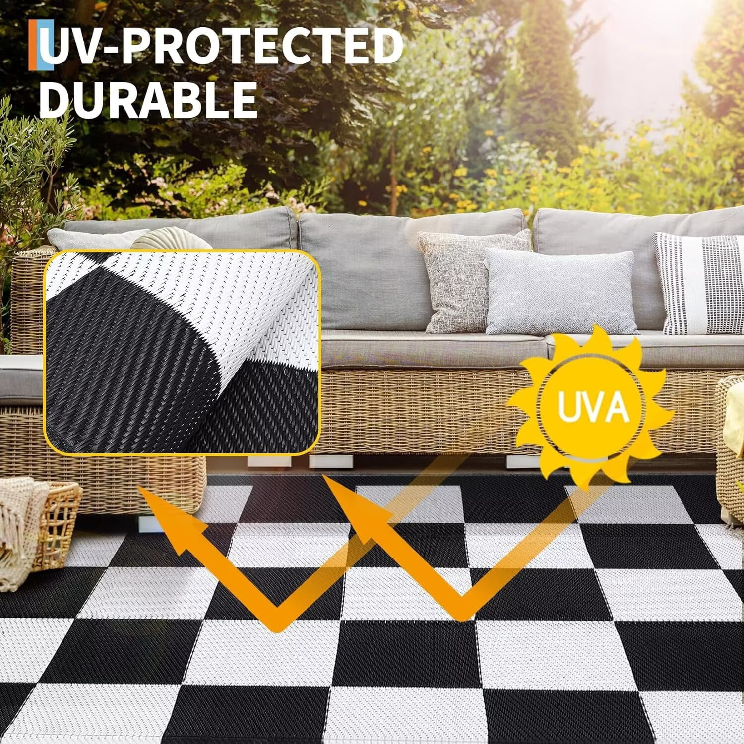 GlowSol 9'x12' Outdoor Rug Modern Checkerboard Plastic Straw Rug Waterproof Reversible Mat Outdoor Rug for Camping Patio Picnic, Black White